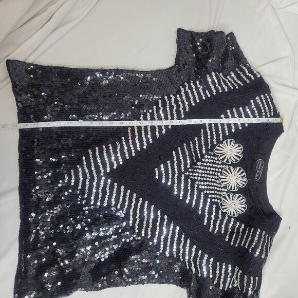 VINTAGE 80s top silk black beaded sequin floral short sleeve elegant XL - Picture 7 of 7